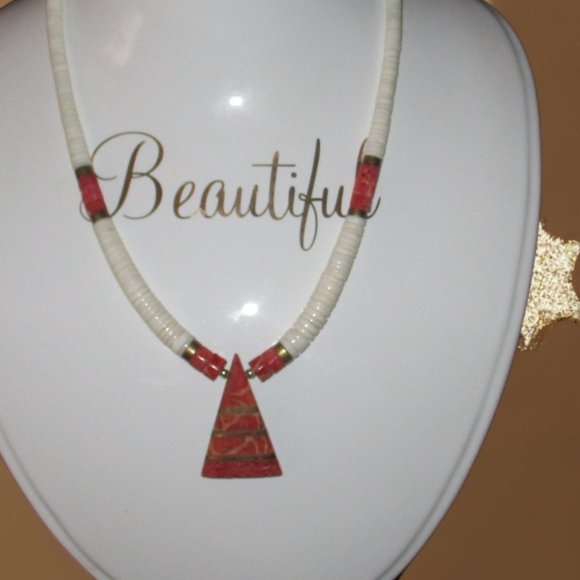 Coral & Puca Shell Native American Necklace - Picture 2 of 2